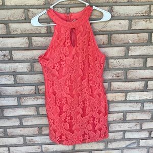 Coral lace bodycon mini dress